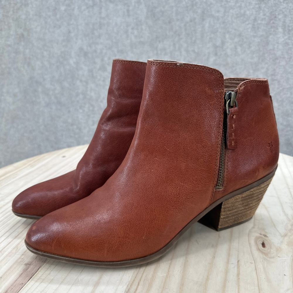 Frye Judith Ankle Boots Womens 10 Cognac Brown Leather Pointed Toe Block Heel